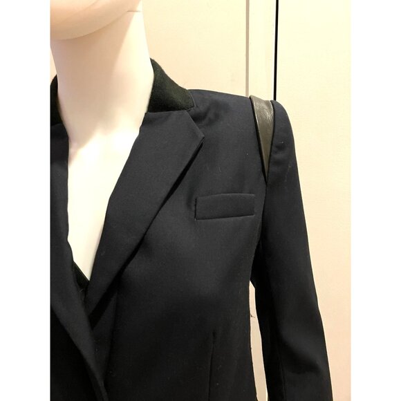 Cut25 by Yigal Azrouel vintage 3/4 sleeve navy blazer with black leather, S2 - Picture 3 of 6